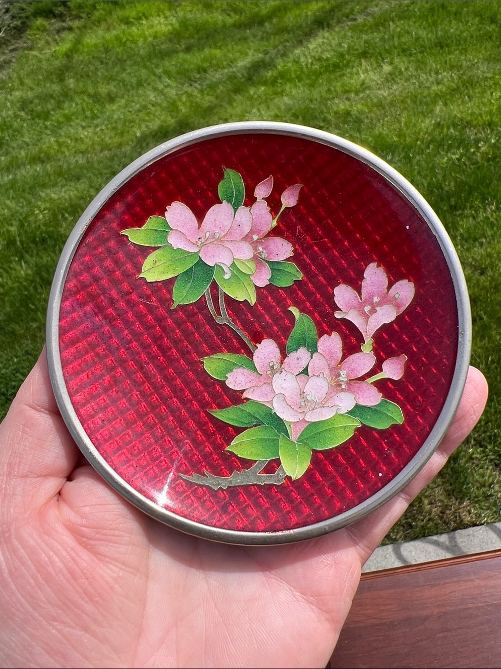 Vintage Japanese Ginbari Red Enamel Cherry Blossom Floral Trinket Dish